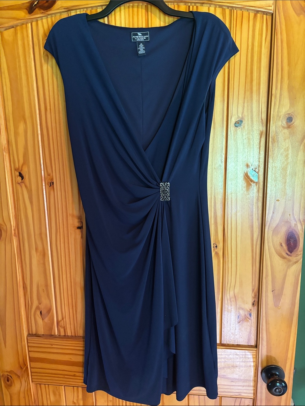 American Living Navy Draped Midi Dress with Jeweled Waist